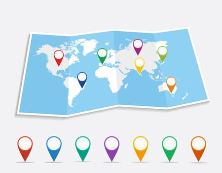 World map with geo position pins travel elements composition. EPS10 vector file organized in layers for easy editing..
