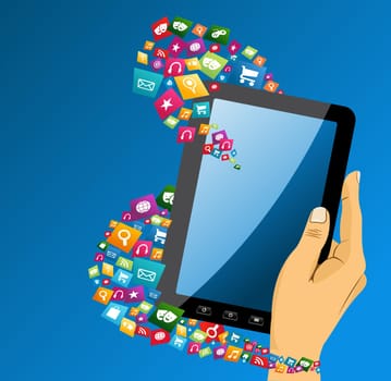 Human hand holds electronic tablet computer applications icons composition, blue background. EPS10 vector file organized in layers for easy editing.
