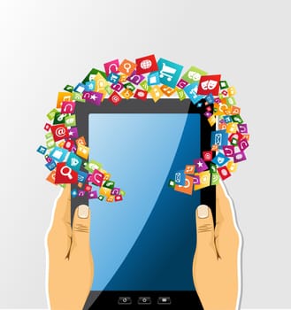 Human hands holds electronic tablet computer applications icons composition. EPS10 vector file organized in layers for easy editing.