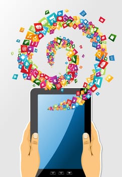 Human hands holds electronic tablet computer applications icons spiral composition. EPS10 vector file organized in layers for easy editing..