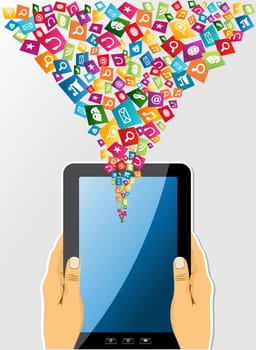 Human hands holds electronic tablet computer applications icons splasht illustration. EPS10 vector file organized in layers for easy editing..