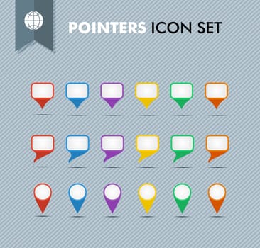 Colorful travel pointer and speech bubbles icon set. EPS10 vector file organized in layers for easy editing.