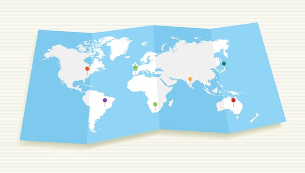 World map with GPS location pushpins travel elements illustration. EPS10 vector file organized in layers for easy editing..