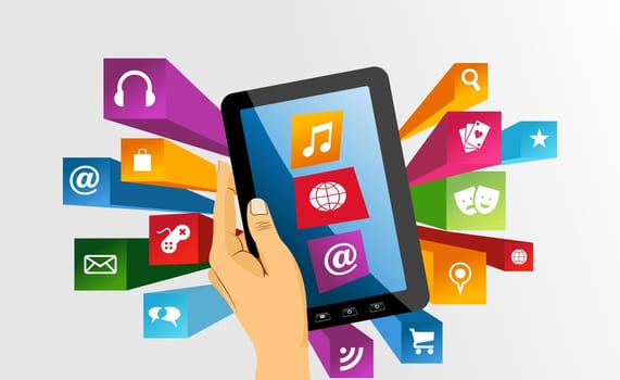 Human hand holds electronic tablet computer applications icons splash composition. EPS10 vector file organized in layers for easy editing.