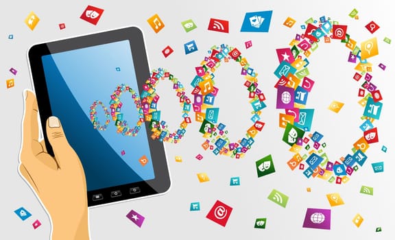 Human hand holds electronic tablet computer applications icons circles composition. EPS10 vector file organized in layers for easy editing.