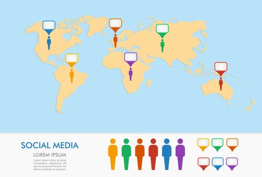 World map, men figures with geo position pointers infographics template. EPS10 vector file organized in layers for easy editing..