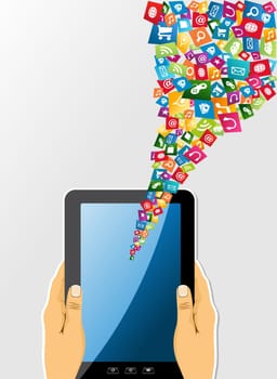 Human hands holds electronic tablet computer applications icons splash composition. EPS10 vector file organized in layers for easy editing.
