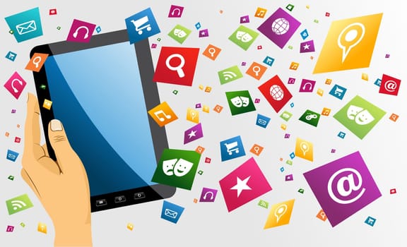 Human hand holds electronic tablet computer applications icons splash composition. EPS10 vector file organized in layers for easy editing.