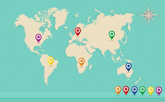 World map with geo position pins and wind rose travel elements composition. EPS10 vector file organized in layers for easy editing.