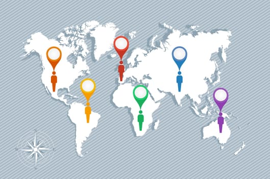 World map with GPS location pushpins travel elements illustration. EPS10 vector file organized in layers for easy editing..