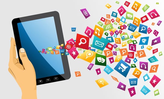 Human hand holds electronic tablet computer applications icons splash composition. EPS10 vector file organized in layers for easy editing.