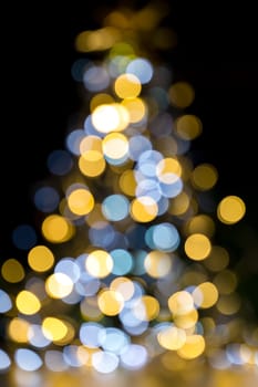 Golden and blue christmas lights illuminated Background tree
