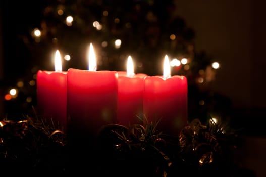 Christmas advent wreath with red burning candles. Lights on x-mas tree in background
