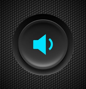 Black button with blue sound sign on carbon background.