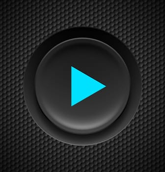 Black button with blue play sign on carbon background.