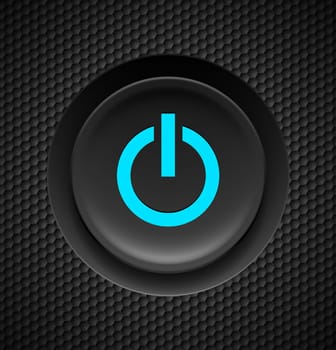Black button with blue power sign on carbon background.