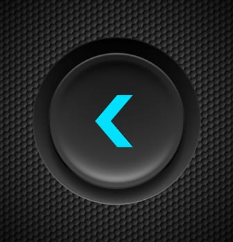 Black button with blue fast backward sign on carbon background.