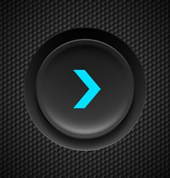 Black button with blue fast forward sign on carbon background.