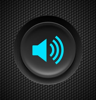 Black and blue sound button on carbon background.