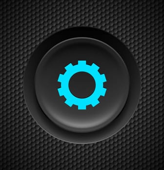 Black button with blue settings sign on carbon background.