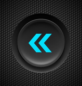 Black and blue fast backward button on carbon background.