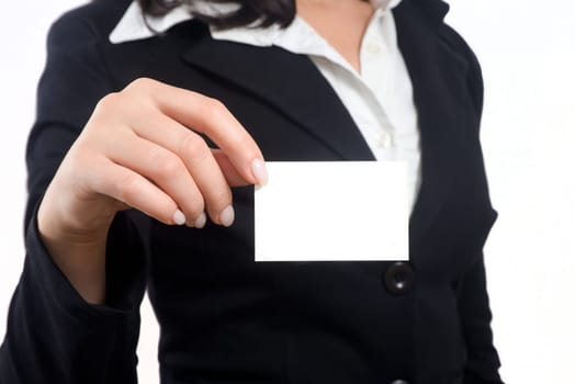 businesswoman in black suit showing his business card
