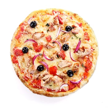 Top view of a Pizza isolated on white background with tuna fish, onions and olives