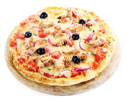 Pizza over a pizza board isolated on white background with tuna fish, onions and olives