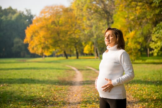 Young happy smiling preagnant woman outdoor in autumn nature