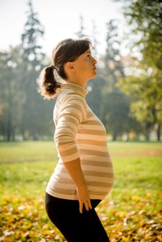 Fitness pregnant woman exercising outsidein autumn nature