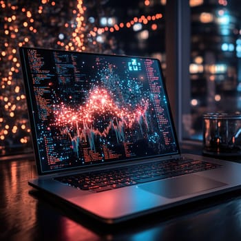 A laptop screen shows intricate data visualizations with bright lights and colorful graphs. The atmosphere is enhanced by twinkling festive lights in a cozy indoor setting at night.