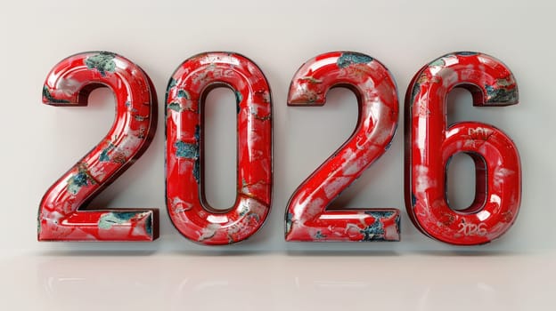 Bold red numbers displaying 2026 feature a textured surface with colorful splashes, symbolizing celebration and anticipation for the future. The neutral backdrop enhances their vibrancy.