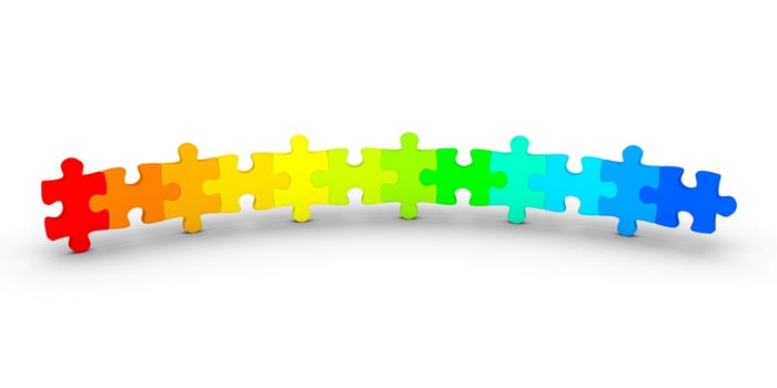 3d puzzle pieces of different color are connected as an open circle