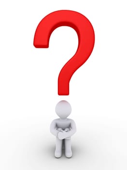 3d person is sitting under a red question mark