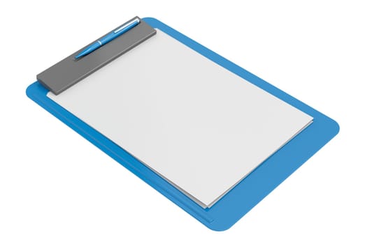 Clipboard with blank paper and pen, isolated on white background