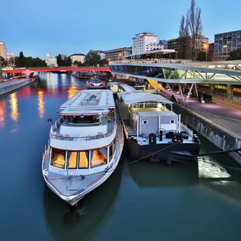 Vienna by night,Danube Canal by boat at Schwedenplatz