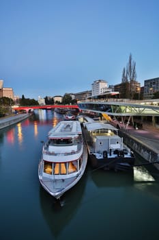 Vienna by night,Danube Canal by boat at Schwedenplatz