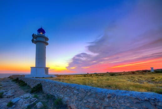 Barbaria Berberia Cape Lighthouse Formentera at sunset in Balearic Islands