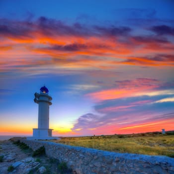 Barbaria Berberia Cape Lighthouse Formentera at sunset in Balearic Islands