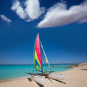 Catamaran sailboat in Illetes beach of Formentera at Balearic Islands