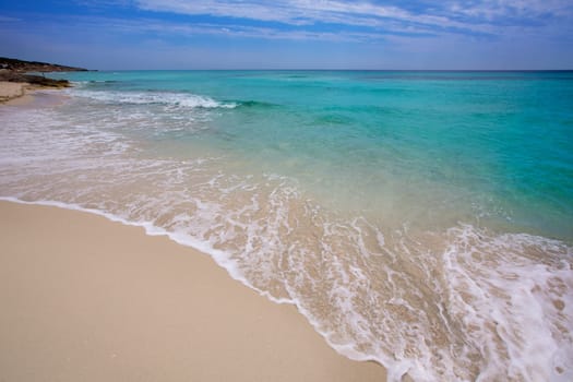 Formentera es Mitjorn beach of white sand and turquoise water at Balearic Islands
