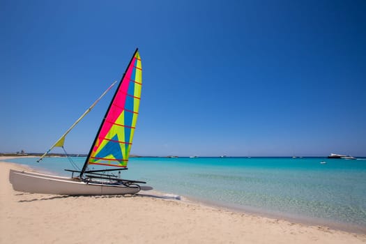 Catamaran sailboat in Illetes beach of Formentera at Balearic Islands