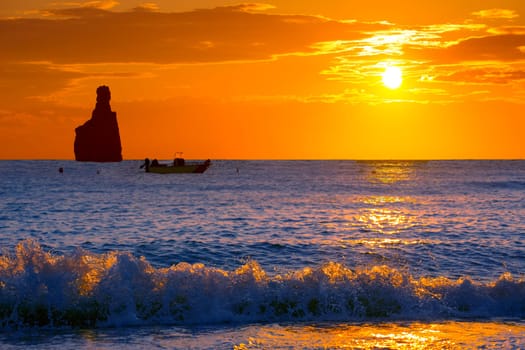 Ibiza Cala Benirras sunset beach in san Juan at Balearic Islands Spain