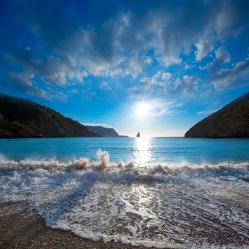 Ibiza Cala Benirras sunset beach in san Juan at Balearic Islands Spain