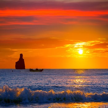 Ibiza Cala Benirras sunset beach in san Juan at Balearic Islands Spain