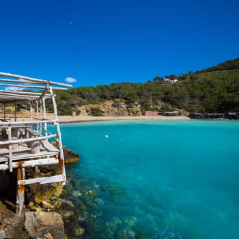 Ibiza Cala Benirras beach in san Joan at Balearic Islands Spain
