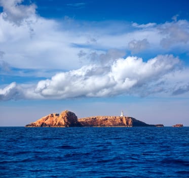 Ibiza Islas bledas Bledes islands with lighthouse from Mediterranean sea of Balearic Islands