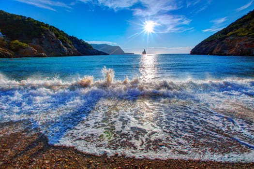 Ibiza Cala Benirras sunset beach in san Juan at Balearic Islands Spain