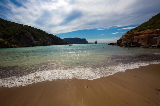 Ibiza Cala Benirras beach in san Joan at Balearic Islands Spain