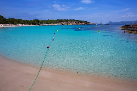 Ibiza Cala Bassa beach with turquoise Mediterranean sea at Balearic Islands